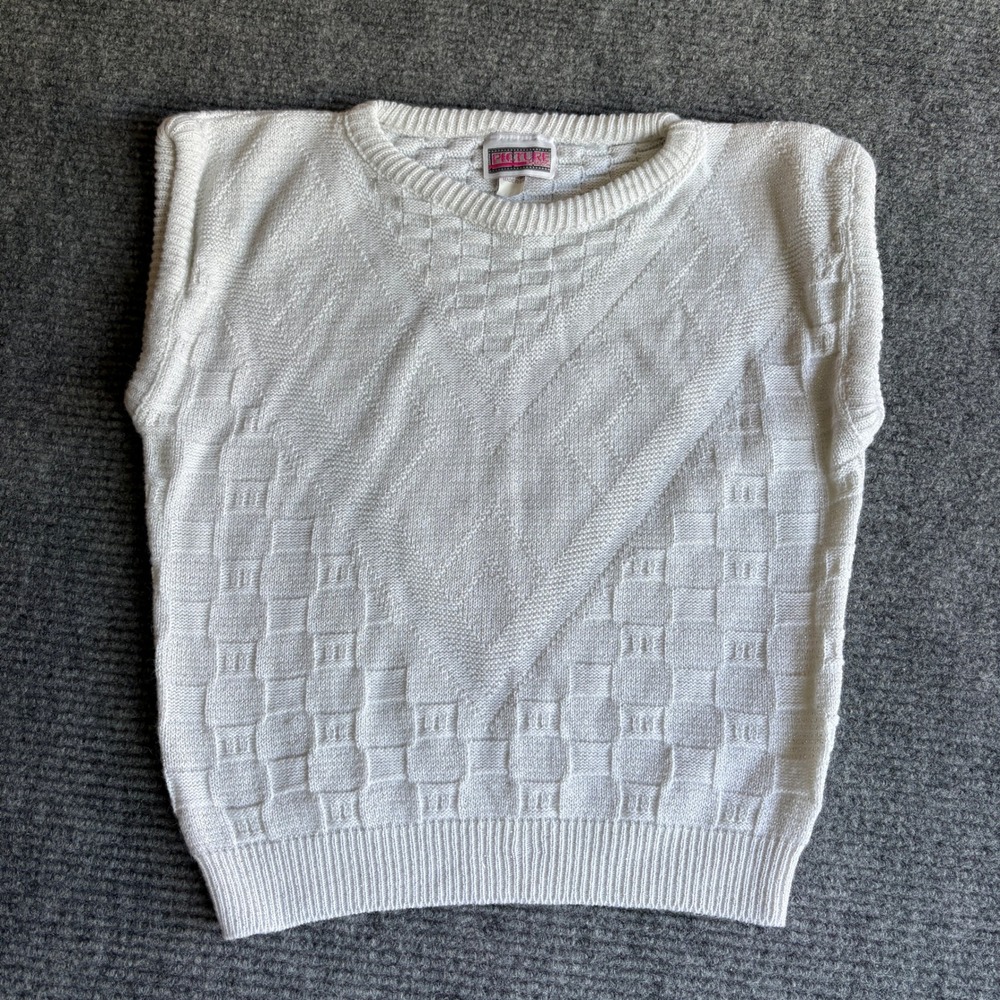 Vintage Picture Perfect White Silver Metallic Lurex Sweater Vest Made in USA L